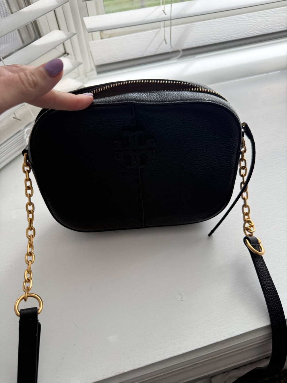 Tory Burch Black Leather Crossbody with Gold Chain Strap